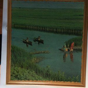 Solid Wood framed landscape print on board wall hanging grassland river boating